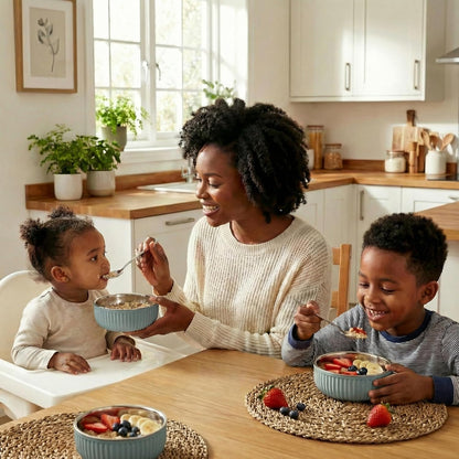 Monkey Proof™ Non-Toxic Stainless Steel Child Bowl 5” with Non-Slip Grooved Silicone Shell, (Set of 4 bowls) Unbreakable, Mess Free Feeding for Babies, Toddlers, Kids, BPA free (Stormy Sky Grooved)