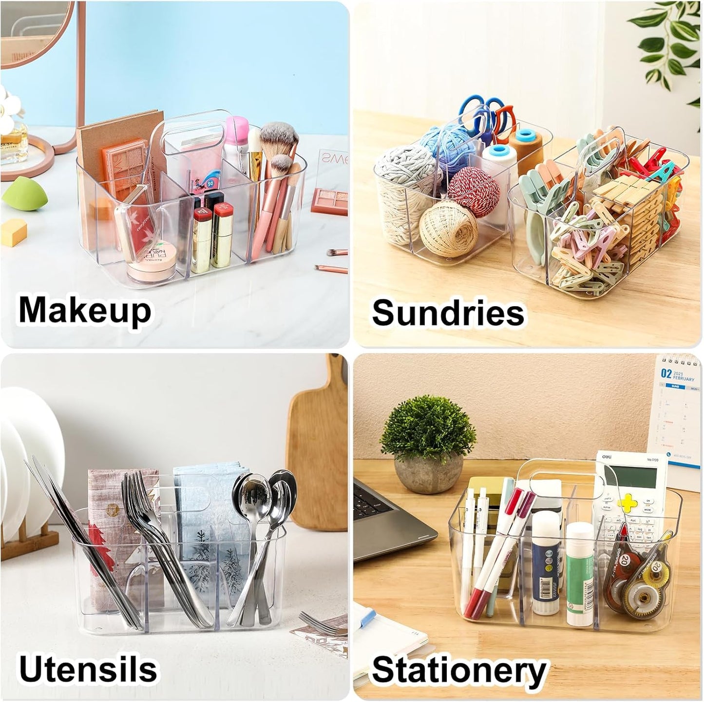 Multiuse Caddy Organizer with Handle, Portable Divided Plastic Tote Bin - Art Craft, Stationary Pen Marker Crayons, Makeup Hair Supplies Storage - Bathroom, Classroom, Dorm, Office, Desk Holder - Pink