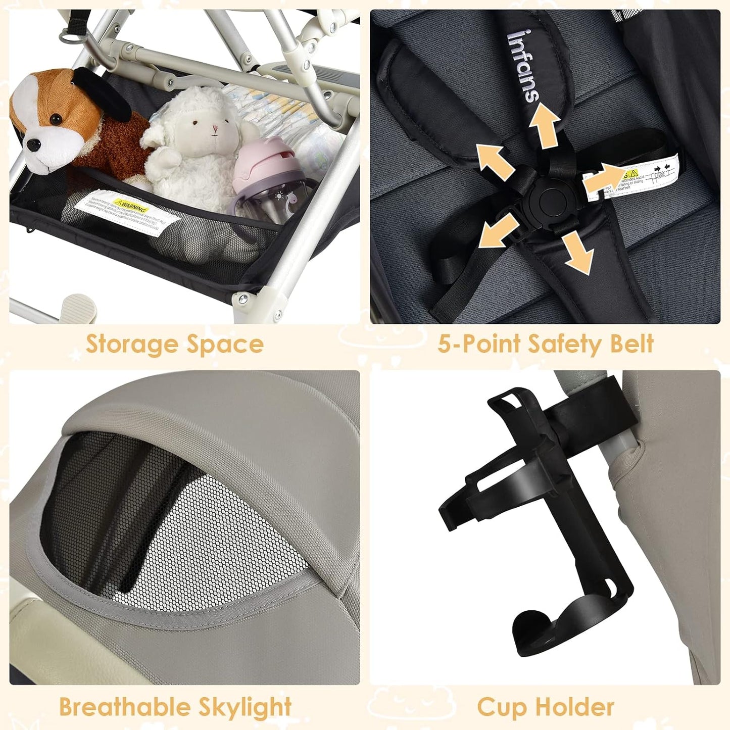 INFANS Lightweight Baby Stroller, Compact Infant with One-Hand Fold, Travel Stroller for Airplane with Cup Holder, Canopy 5-Point Harness Foot Cover for 6-36 Month