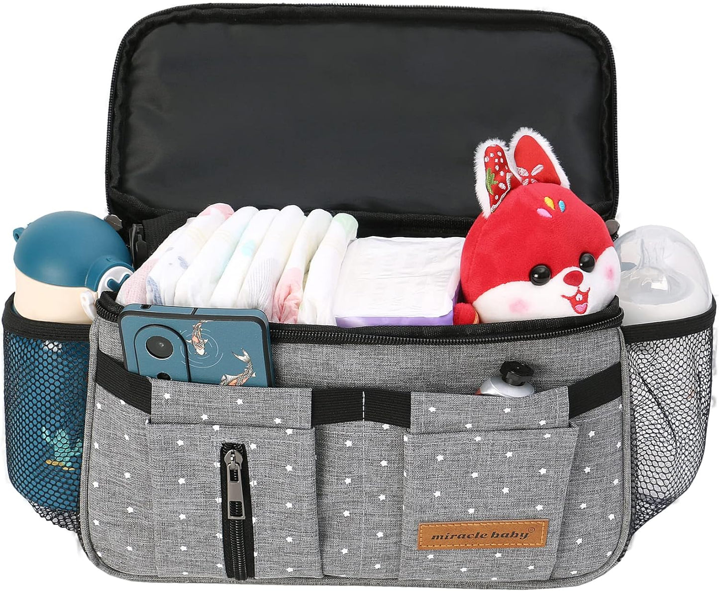 Miracle Baby Stroller Organizer Bag for Mom,Universal Stroller Storage Caddy Diaper Bag- Compatible with Most Stroller - Multifunctional Larg(Grey Star)