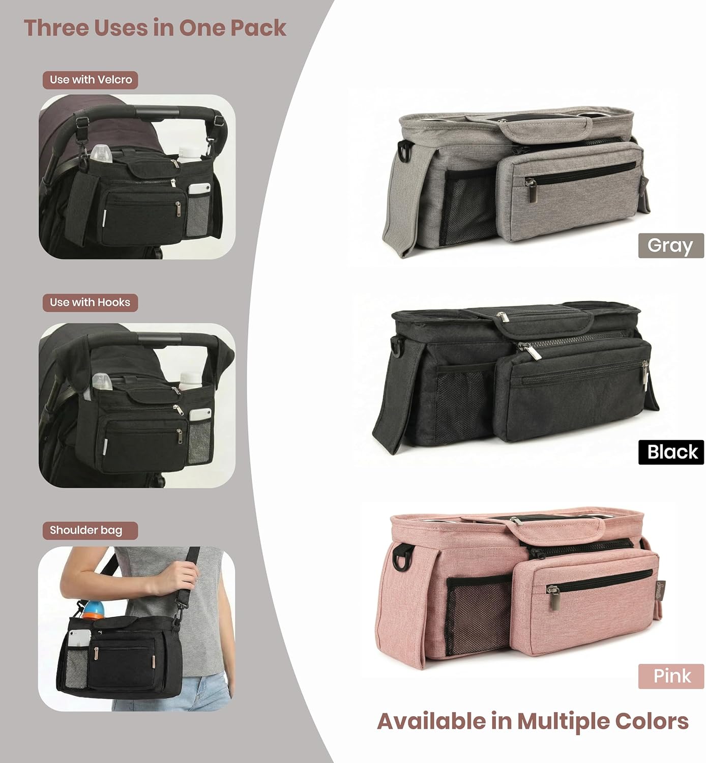 Black Universal Stroller Organizer with 2 Insulated Cup Holders, 3-in-1 Stroller Caddy with Detachable Phone Bag & Non-Slip Shoulder Strap, Fits Uppababy, Nuna, Doona, Baby Essentials