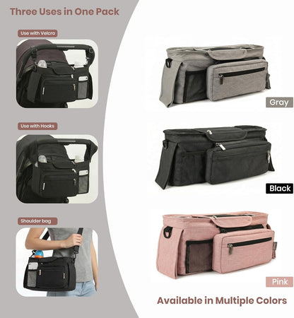 Black Universal Stroller Organizer with 2 Insulated Cup Holders, 3-in-1 Stroller Caddy with Detachable Phone Bag & Non-Slip Shoulder Strap, Fits Uppababy, Nuna, Doona, Baby Essentials
