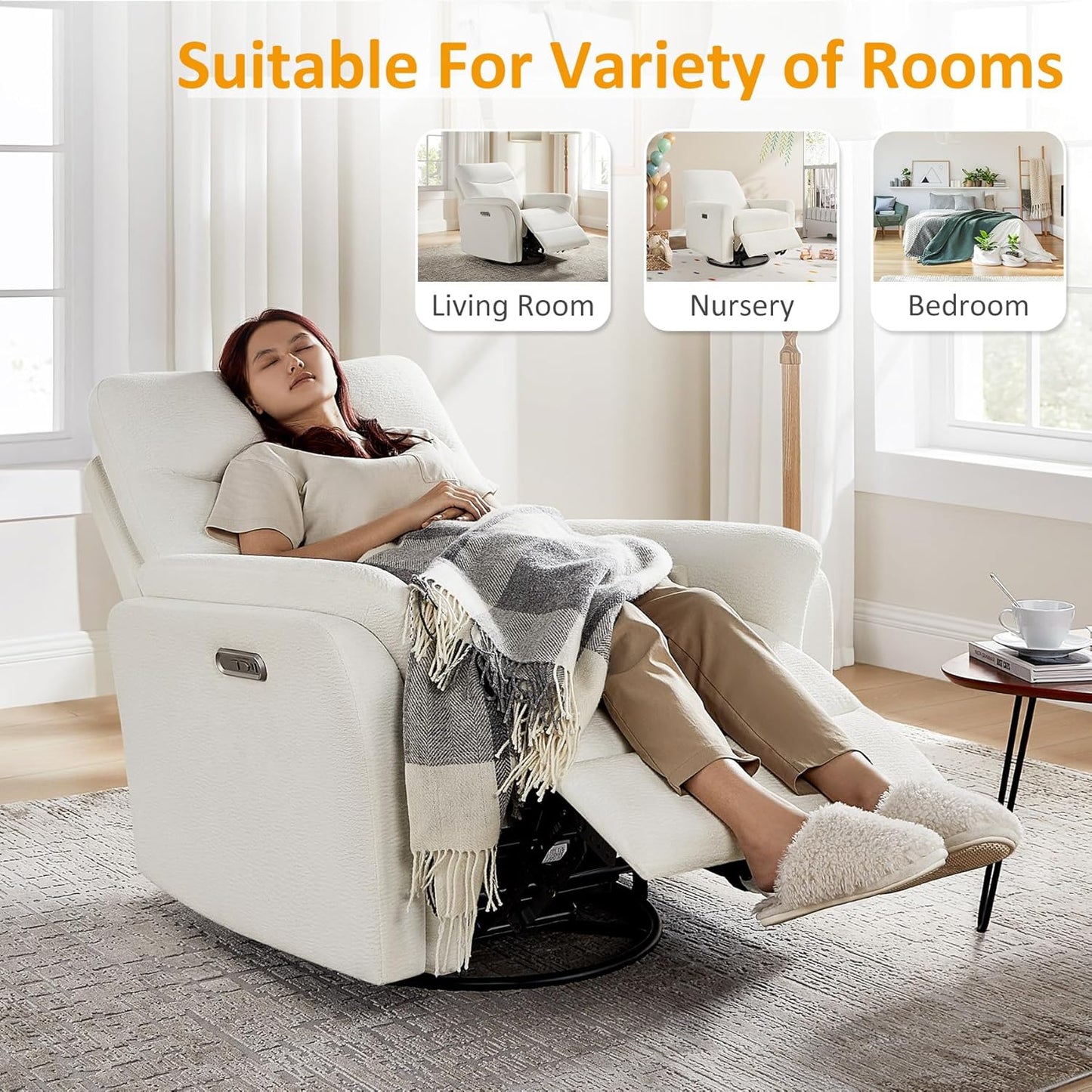 VANOMi Power Recliner Chair Swivel Glider, Electric Rocking Recliner Chairs with USB and Type-C Ports, Nursery Chair Recliner for Living Room, Bedroom, Apartment（Camel）