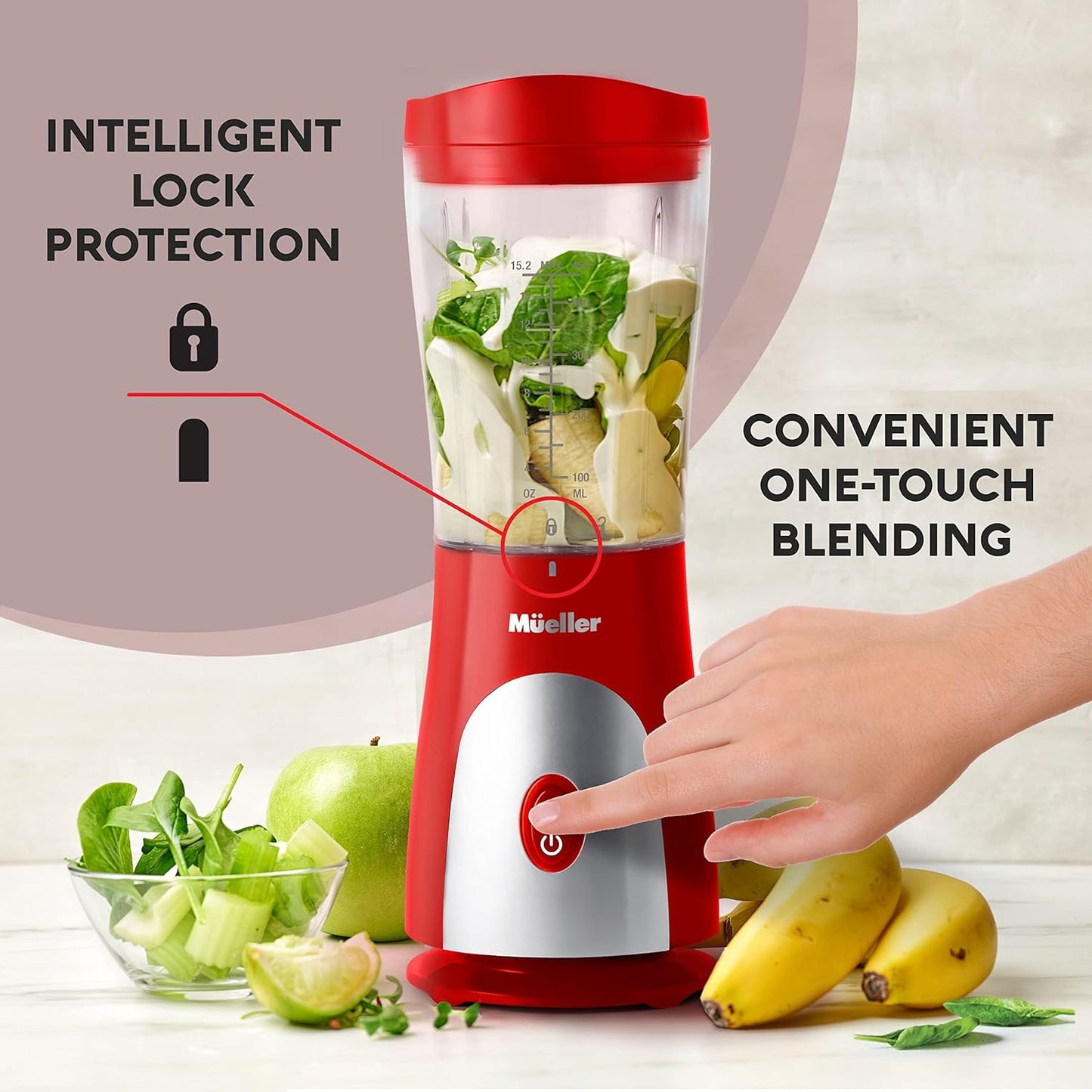 Mueller Heavy-Duty Personal Blender for Shakes and Smoothies with a 15 Oz Travel Cup and Lid, Juices, Baby Food, Portable Blender & Food Processor, Turquoise