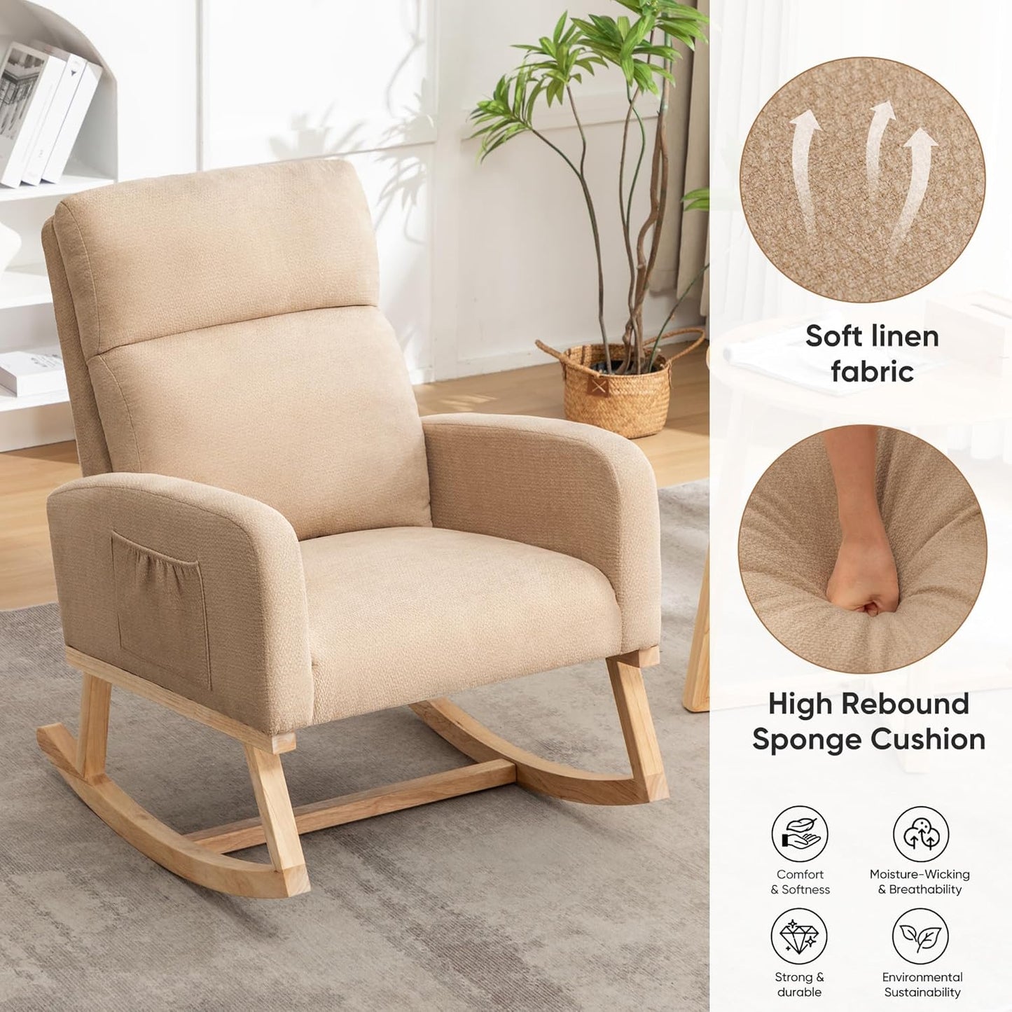 HCHAIRH Rocking Chair Nursery, Upholstered Fabricr Nursing Rocking Chairs with Soft High Back, Modern Nursery Glider Rocker for Mom Living Room, Bedroom, Camel