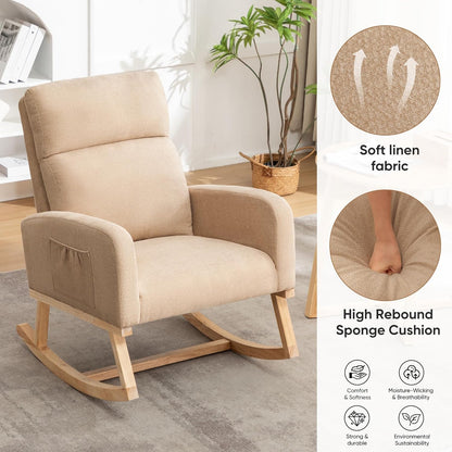 HCHAIRH Rocking Chair Nursery, Upholstered Fabricr Nursing Rocking Chairs with Soft High Back, Modern Nursery Glider Rocker for Mom Living Room, Bedroom, Camel
