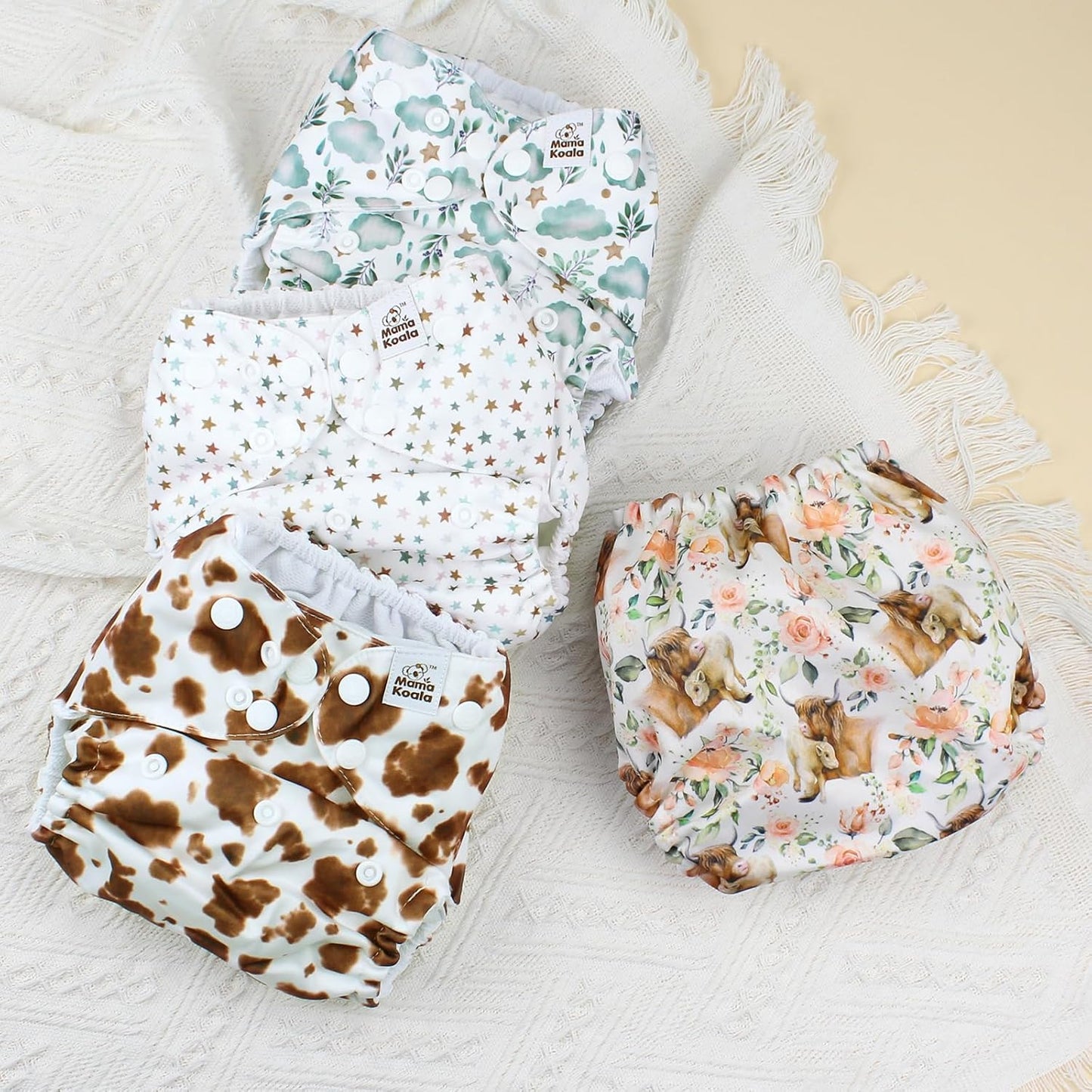 Mama Koala 3.0 Pocket Cloth Diapers for Babies with AWJ Lining, 6 Pack with 6 4-Layer Natural Cloth Diaper Inserts - Reusable and Washable Pocket Diapers(Hardworking Bees) - Colors B