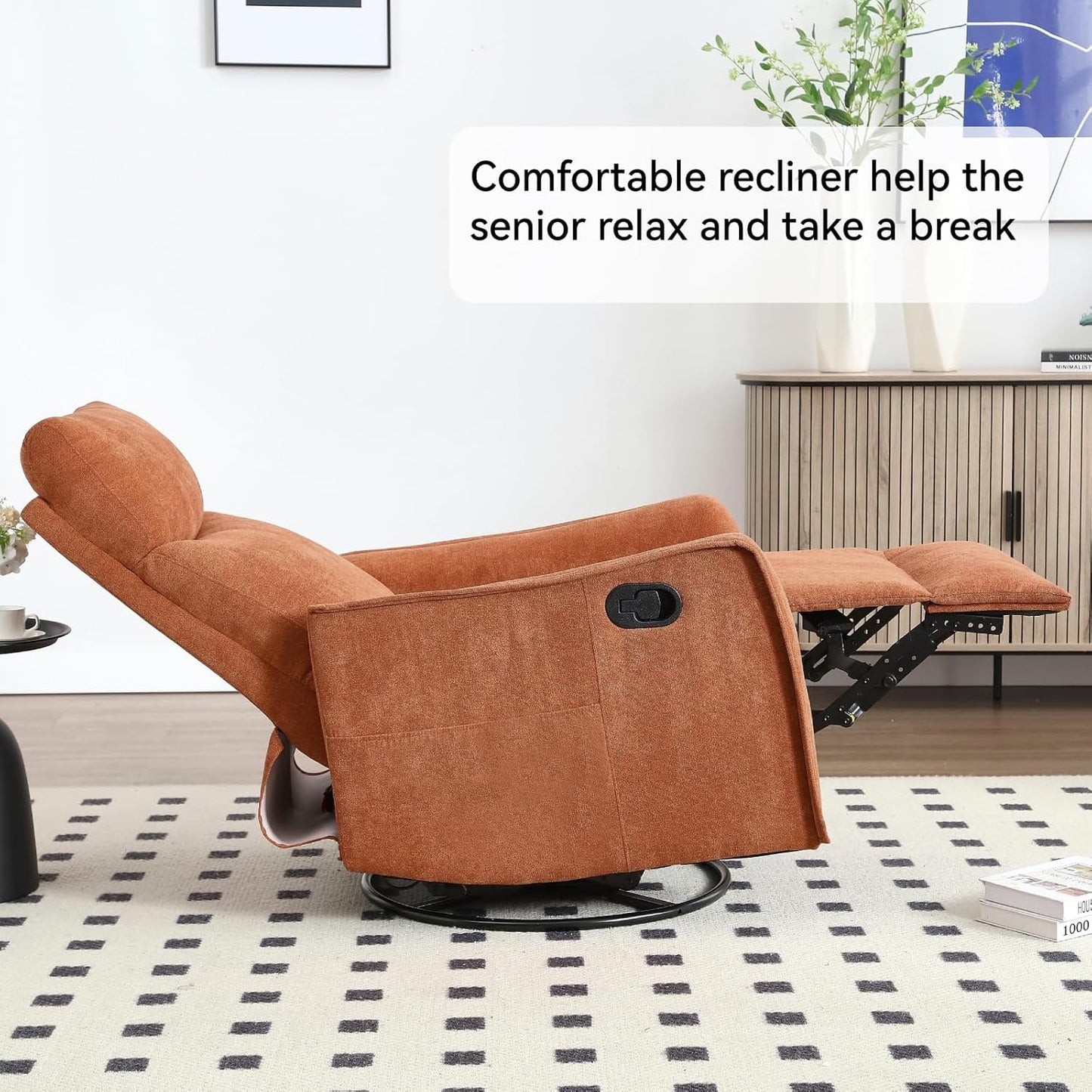 Swivel Rocker Recliner Chair for Adults, Nursery Rocking Chair with Heat and Massage, Glider Reclining Chair for Small Space Living Room Bedroom, Faux Leather Black