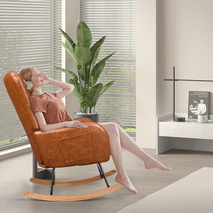 VECELO Rocking Chair Nursery with Thick Headrest, Modern Teddy Upholstered Reading Glider Rocker Accent Armchair with High Backrest, Padded Seat, Side Pocket, for LivingRoom, Bedroom, Baby Room, Pink