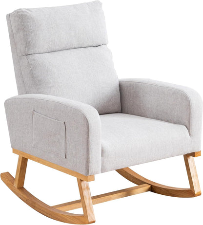 Rocking Chair Nursery, Upholstered Nursing Rocker Chair for Mom with High Backrest and Side Pockets for Bedroom Living Room, Beige