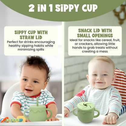 Baby Feeding Essentials, Baby Led Weaning Supplies, Silicone Baby Feeding Set, with Baby Spoon, Fork, Baby Bib, Sippy Cup, Suction Plate, Suction Bowl, Baby Eating Essentials, 6+ Months (Beige)