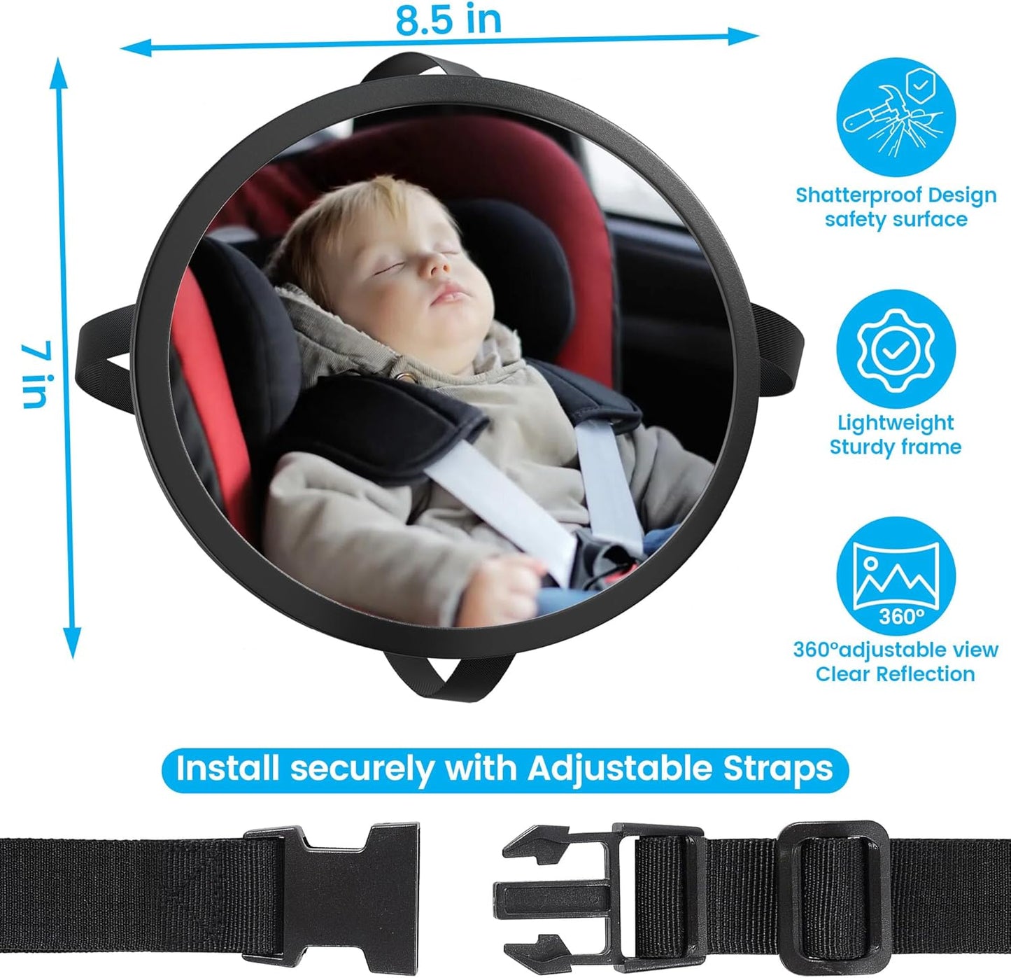 Baby Car Mirror for Rear Facing Carseat– 360° Adjustable, Shatterproof, Wide Angle View, Easy Installation, Fits Car, SUV & Truck, Lightweight Safe Design