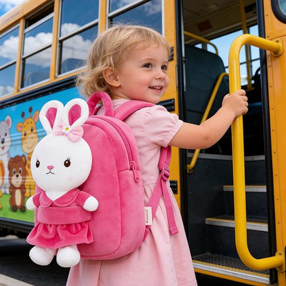 Gloveleya Kids Backpack Girl Backpack Toddler Girl Backpacks with Stuffed Bunny Toy Rose Red 9''