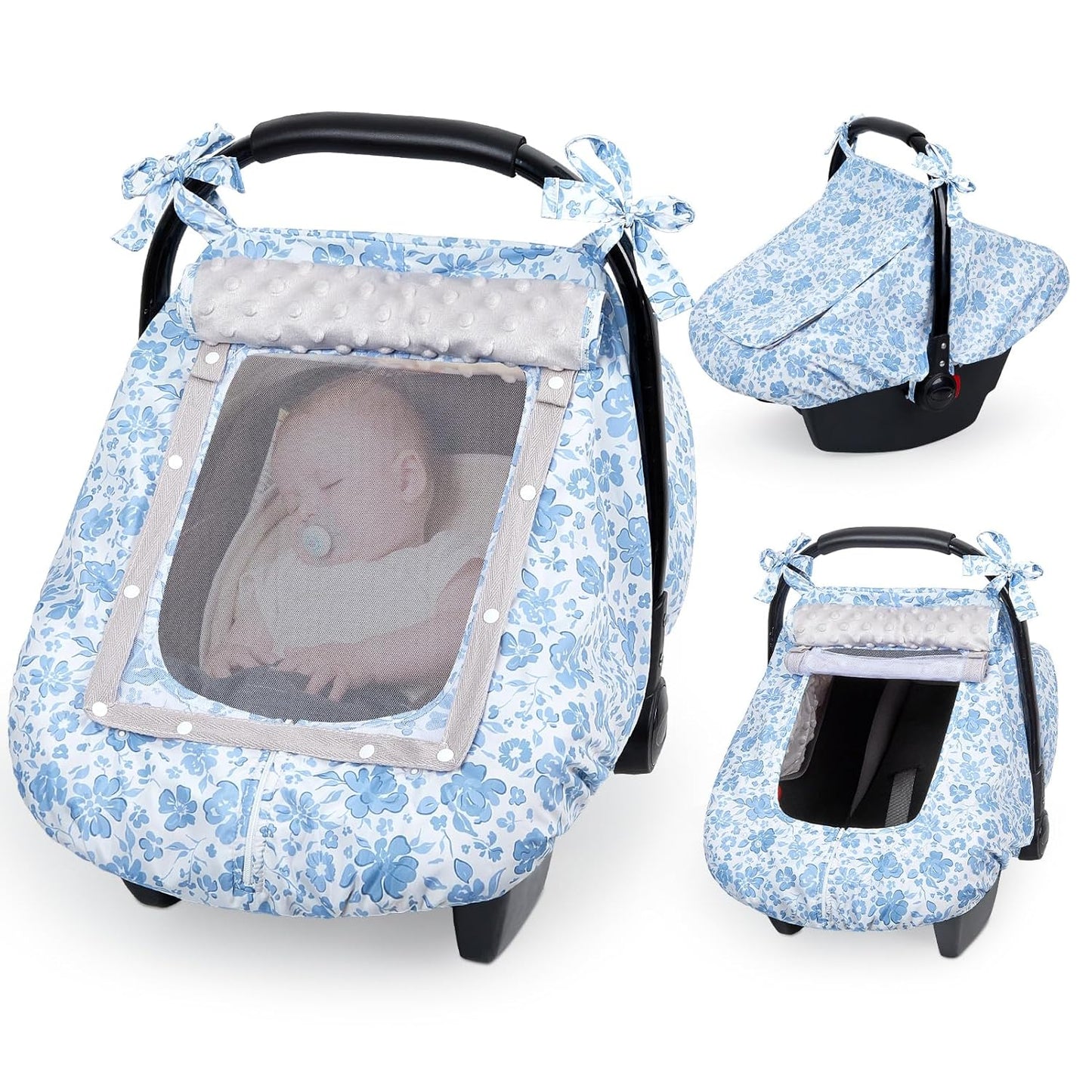 FIOBEE Baby Car Seat Cover, Car Seat Covers for Babies Infant Car Seat Canopy with Breathable Mesh Window Waterproof Carseat Cover for Babies Boy Girl 4 Seasons, White/Cow