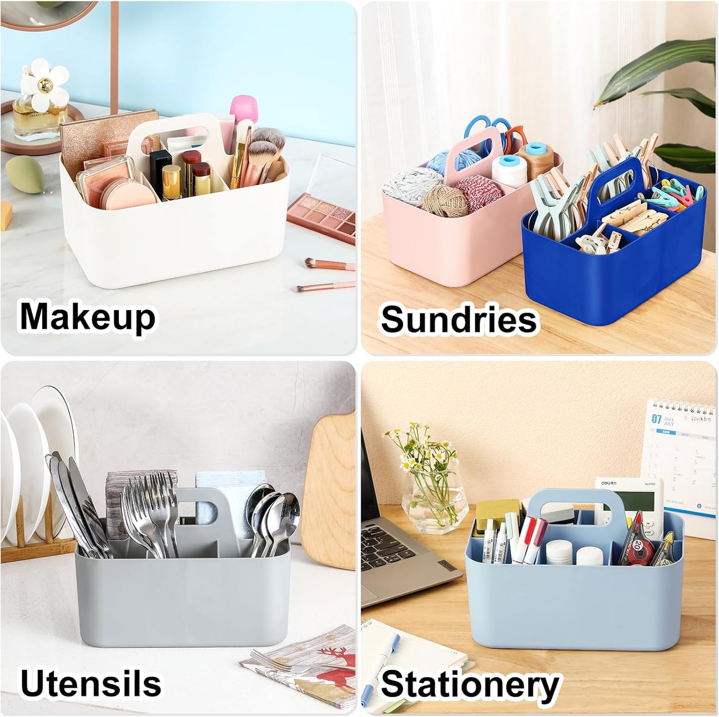 Multiuse Caddy Organizer with Handle, Portable Divided Plastic Tote Bin - Art Craft, Stationary Pen Marker Crayons, Makeup Hair Supplies Storage - Bathroom, Classroom, Dorm, Office, Desk Holder - Pink