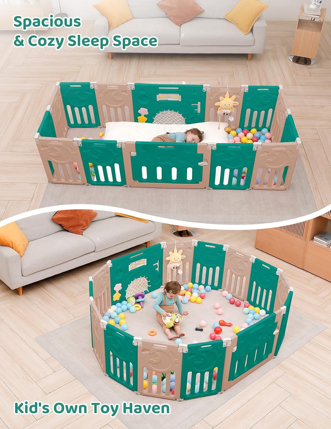 Baby Playpen, Dripex Baby Playard for Babies and Toddlers, 14-Panel Foldable Playpen Adjustable Portable Play Area, Indoor/Outdoor Kids Active Center with Game Panel & Safety Gate, Grey White