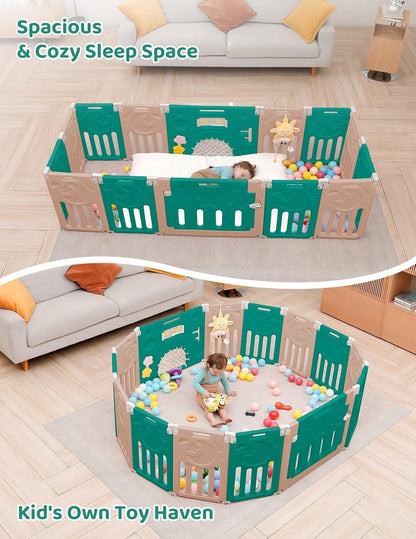 Baby Playpen, Dripex Baby Playard for Babies and Toddlers, 14-Panel Foldable Playpen Adjustable Portable Play Area, Indoor/Outdoor Kids Active Center with Game Panel & Safety Gate, Grey White