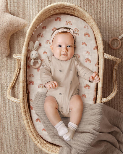 Blissful Diary Muslin Bassinet Sheets for Baby Girls Boys, Boho Soft Cotton Fitted for Oval Hourglass Rectangle Mattress, 2 Pack(Sunshine&Brown)