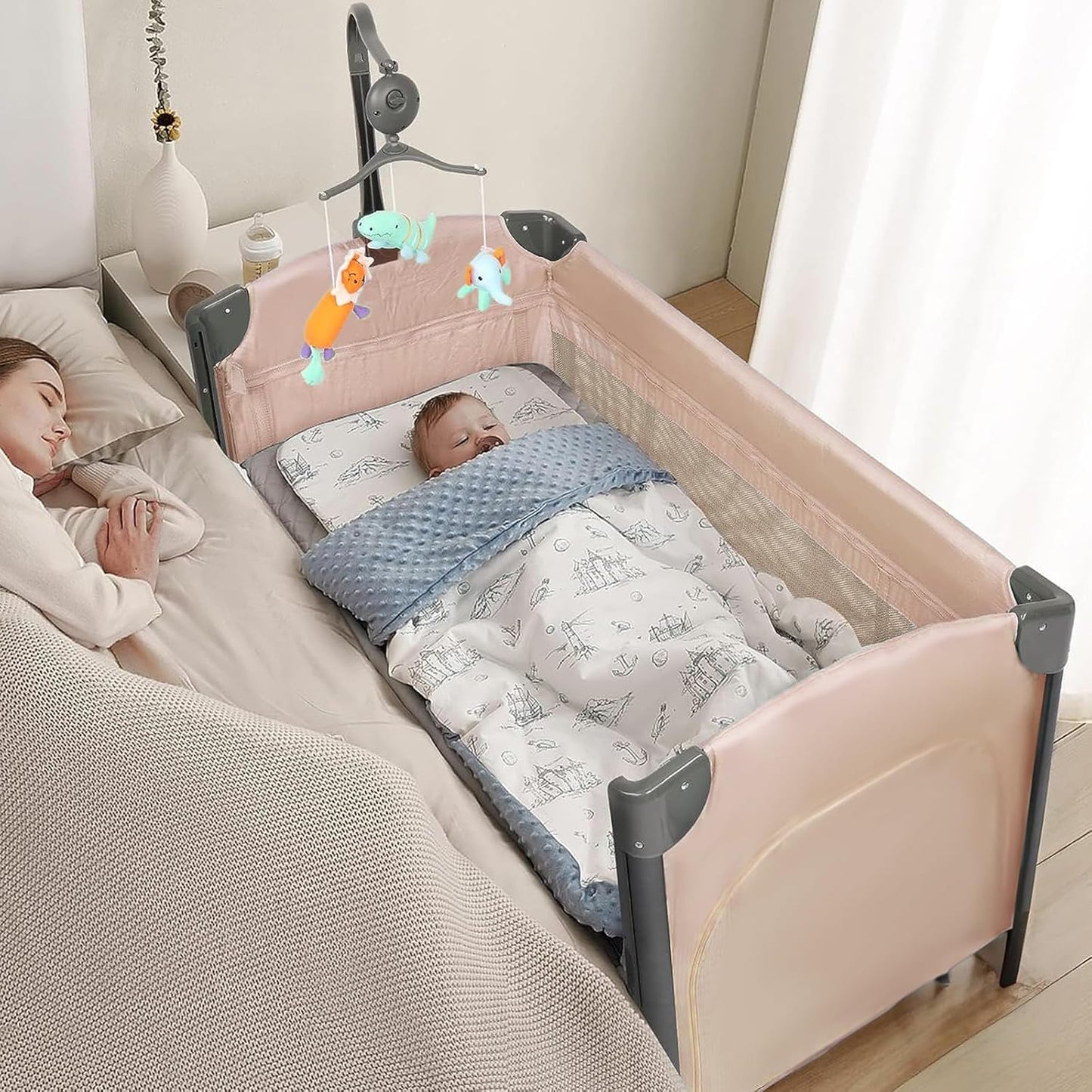 JOYMOR Baby Bedside Bassinet, Baby Bassinet, Pack n Play Convert Playpen, Quick Foldable Travel Bed with Wheels & Brake, Carry Bag for Boys Girls (Gray)