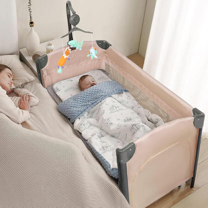 JOYMOR Baby Bedside Bassinet, Baby Bassinet, Pack n Play Convert Playpen, Quick Foldable Travel Bed with Wheels & Brake, Carry Bag for Boys Girls (Gray)