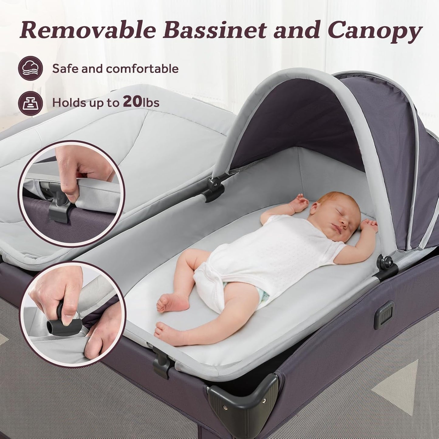 Portable Baby Playard 4 in 1 Design, Foldable Baby Playpen with Removable Bassinet, Canopy and Changing Table, Infant Playrad, Nursery Center Travel Crib