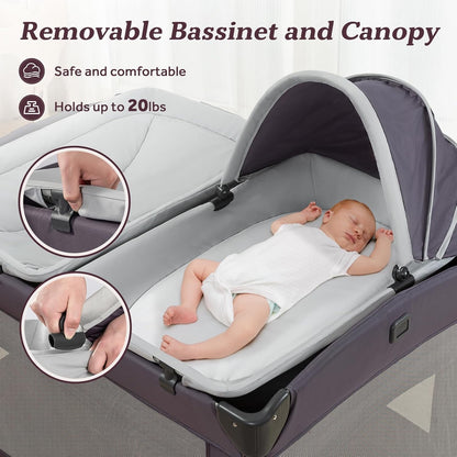 Portable Baby Playard 4 in 1 Design, Foldable Baby Playpen with Removable Bassinet, Canopy and Changing Table, Infant Playrad, Nursery Center Travel Crib