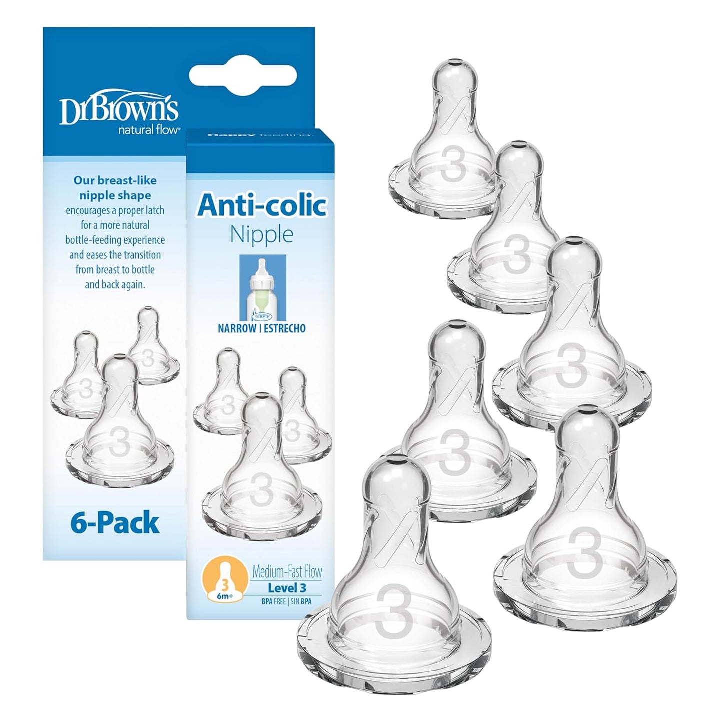 Dr. Brown’s Natural Flow Preemie Flow Narrow Baby Bottle Silicone Nipple, Slowest Flow, 0m+, 100% Silicone Bottle Nipple, 6 Count(Pack of 1)