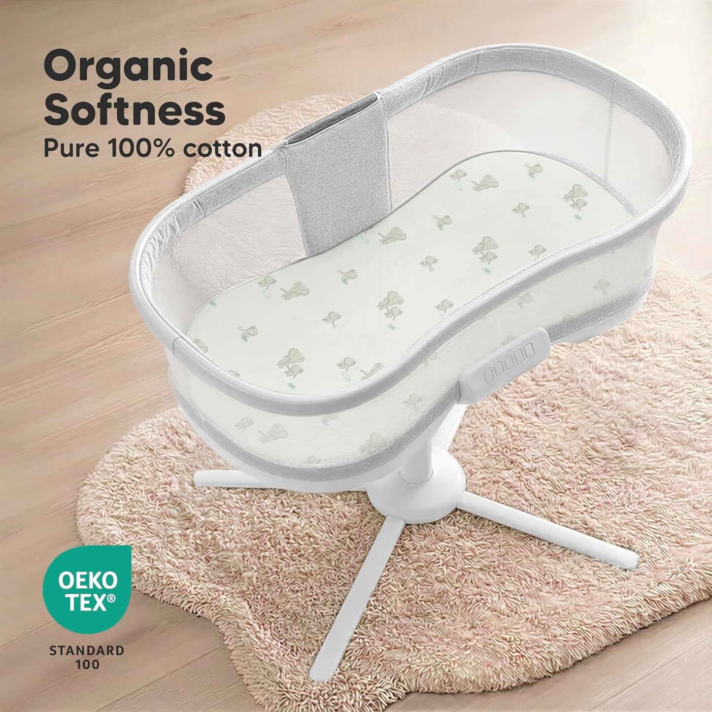 2-Pack Organic Bassinet Sheets for Girls, Boys - 100% Cotton Bassinet Mattress Sheets Compatible with Halo Bassinest Swivel Sleeper, Graco, Baby Delight, Chicco, Unisex Fitted Bassinet Sheets (Elly)