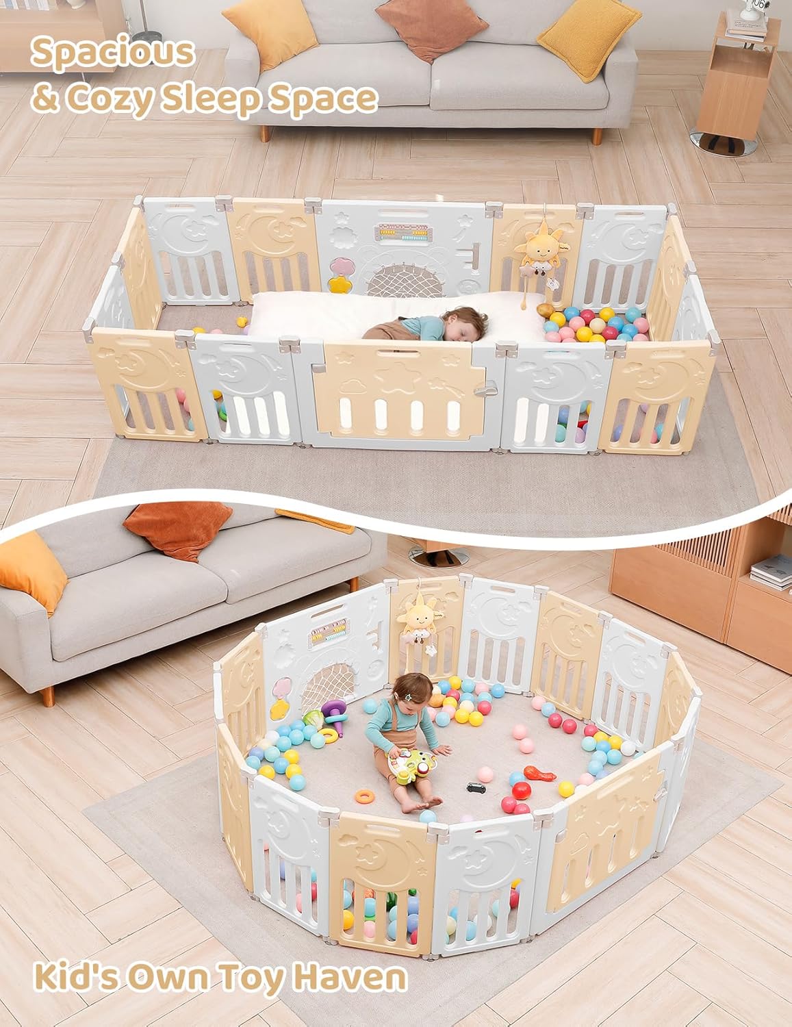 Baby Playpen, Dripex Baby Playard for Babies and Toddlers, 14-Panel Foldable Playpen Adjustable Portable Play Area, Indoor/Outdoor Kids Active Center with Game Panel & Safety Gate, Grey White