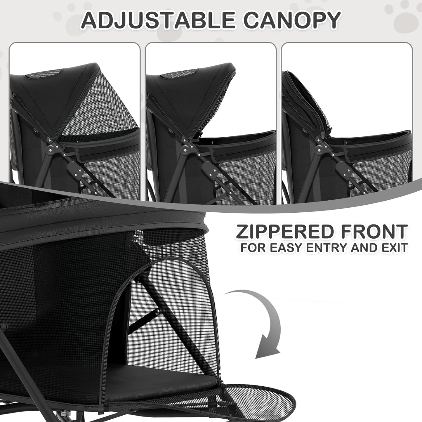MoNiBloom 4 Wheels Pet Stroller, Easy-Fold Puppy Cage Jogger Stroller with Sun Cover, Pad and Rear Storage Bag, Breathable and Visible Mesh for Small/Medium Pets up to 22 lbs, Black