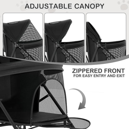 MoNiBloom 4 Wheels Pet Stroller, Easy-Fold Puppy Cage Jogger Stroller with Sun Cover, Pad and Rear Storage Bag, Breathable and Visible Mesh for Small/Medium Pets up to 22 lbs, Black