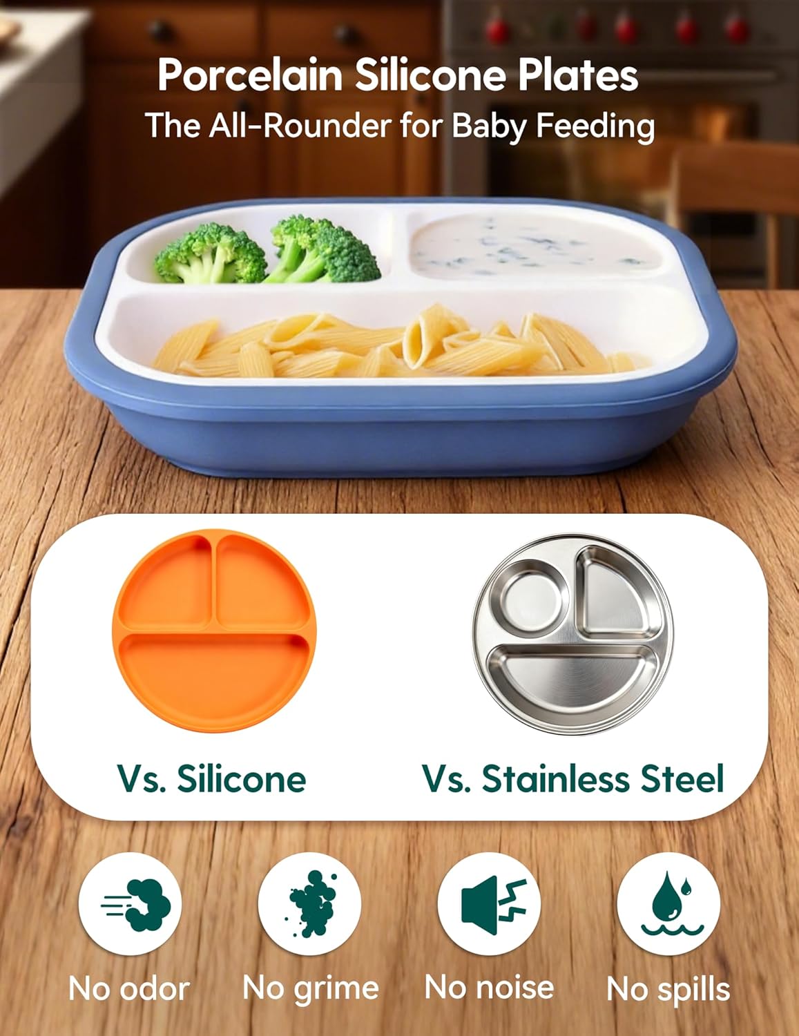 BABELIO Powerful Suction Plates for Baby and Toddler, 100% Food Grand Silicone, Divided, BPA Free, Microwave & Dishwasher Safe, Stay Put, 3 Pack
