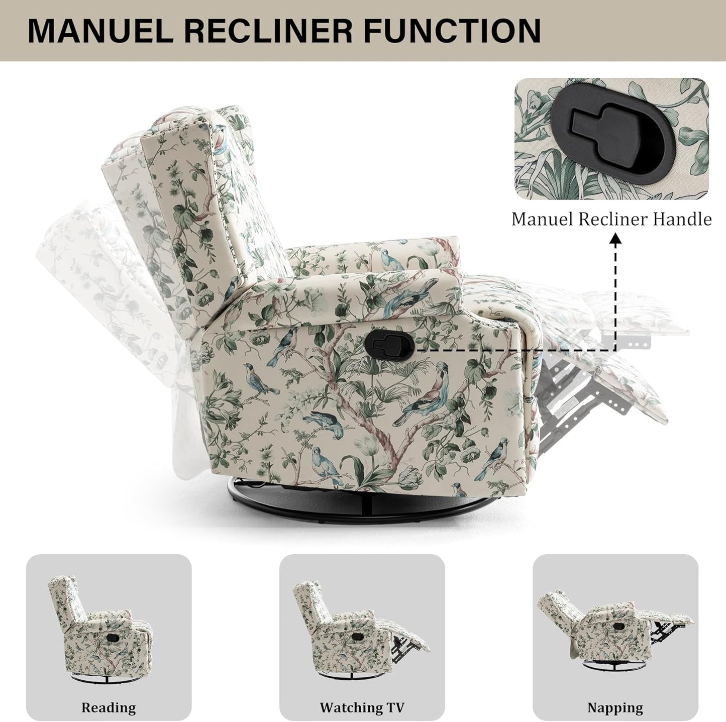 Swivel Rocker Recliner Chair, Manual Nursery Glider Recliner, Floral Fabric Wingback Accent Chair with Adjustable Backrest & Footrest for Small Spaces Living Room Bedroom (Plants Floral, Set of 1)
