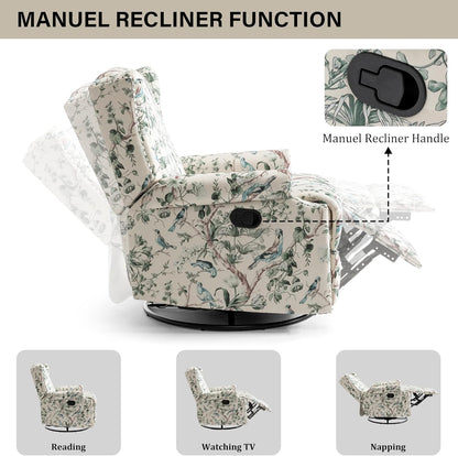 Swivel Rocker Recliner Chair, Manual Nursery Glider Recliner, Floral Fabric Wingback Accent Chair with Adjustable Backrest & Footrest for Small Spaces Living Room Bedroom (Plants Floral, Set of 1)