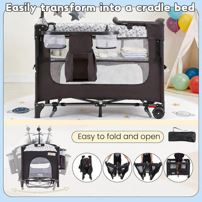 5-in-1 Baby Bassinet Bedside Sleeper with Swing Tube Converts to Cradle, Baby Crib with Mattress, Detachable Diaper Changer, Mosquito Net and Toy - Black