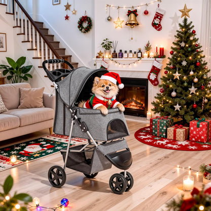 MoNiBloom Foldable Pet Stroller with Weather Cover, 3 Wheels Pet Strolling Cart for Small/Medium Dogs and Cats with Storage Basket and Cup Holder, Breathable and Visible Mesh for All-Season, Black