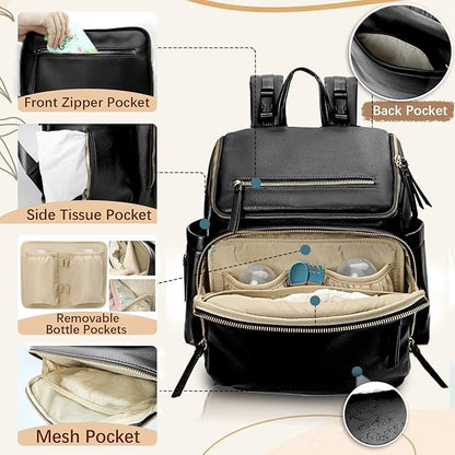 Omanmoli Diaper Bag Backpack Baby Diaper Bag Leather with 17 Diaper Bag Organizing Pouches,Changing Pad,Stroller Straps,4 Insulated Pockets,Black