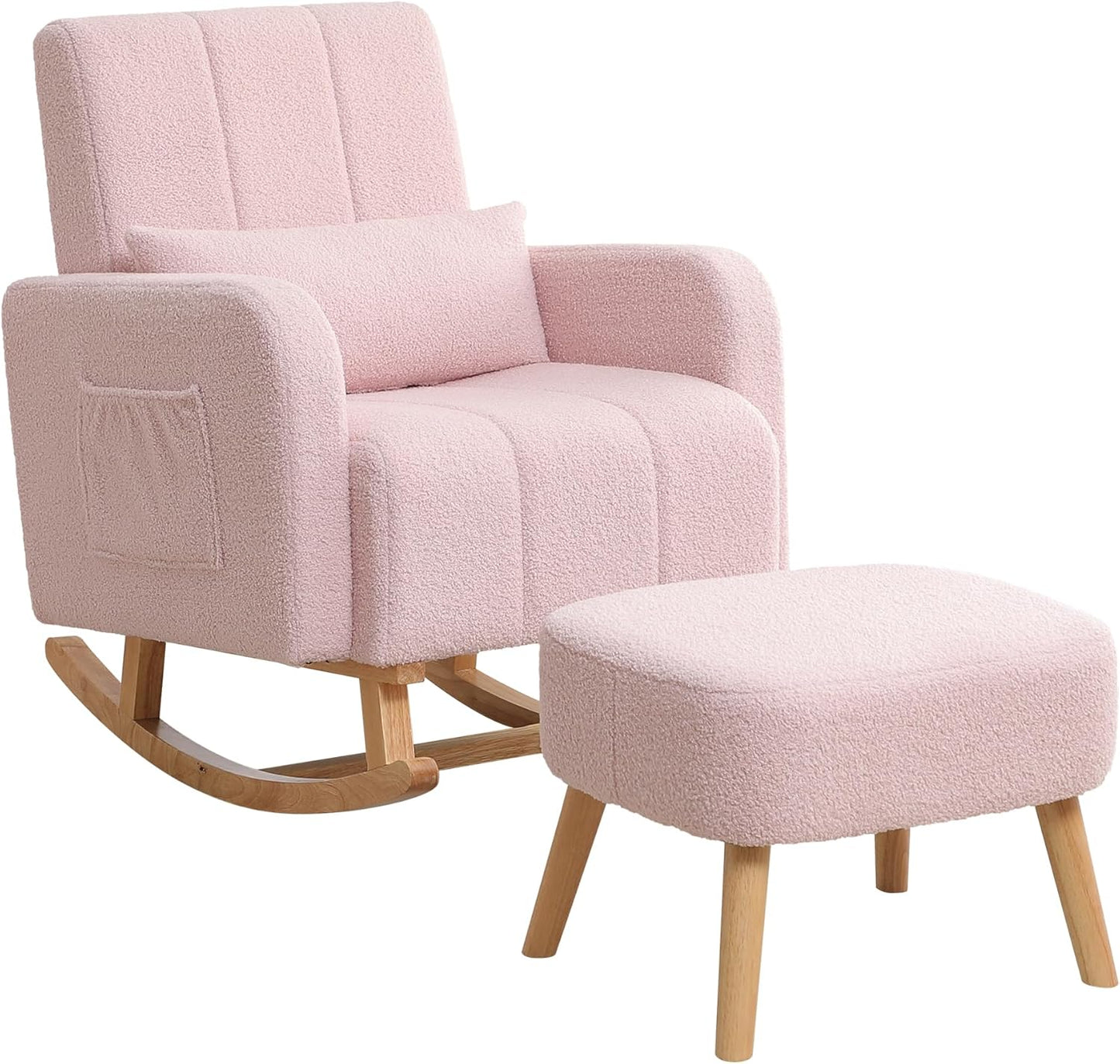 HCHAIRH Nursery Rocking Chair with Ottoman, Upholstered Glider Rocker with High Backrest Side Pocket, Rocking Accent Armchair with Solid Wood Legs for Nursery, Living Room, Bedroom, Light Grey