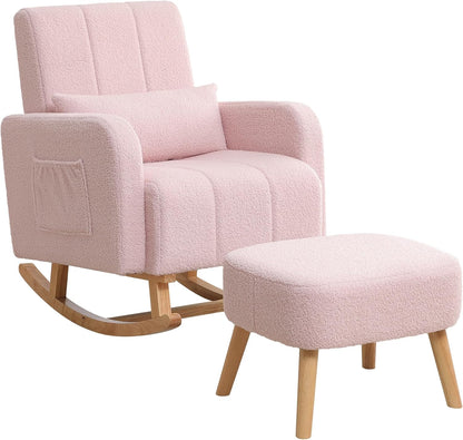 HCHAIRH Nursery Rocking Chair with Ottoman, Upholstered Glider Rocker with High Backrest Side Pocket, Rocking Accent Armchair with Solid Wood Legs for Nursery, Living Room, Bedroom, Light Grey