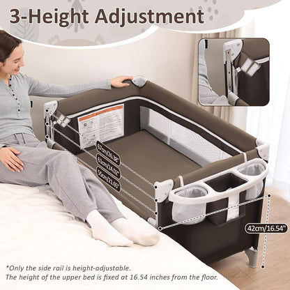 5-in-1 Baby Bassinet Bedside Sleeper, Foldable Pack and Play,One-Push Bedside Crib with Playard, Includes Mattress, Changing Table, Mosquito Net, Music Toy & Storage for Newborn to Toddler (Dark Grey)