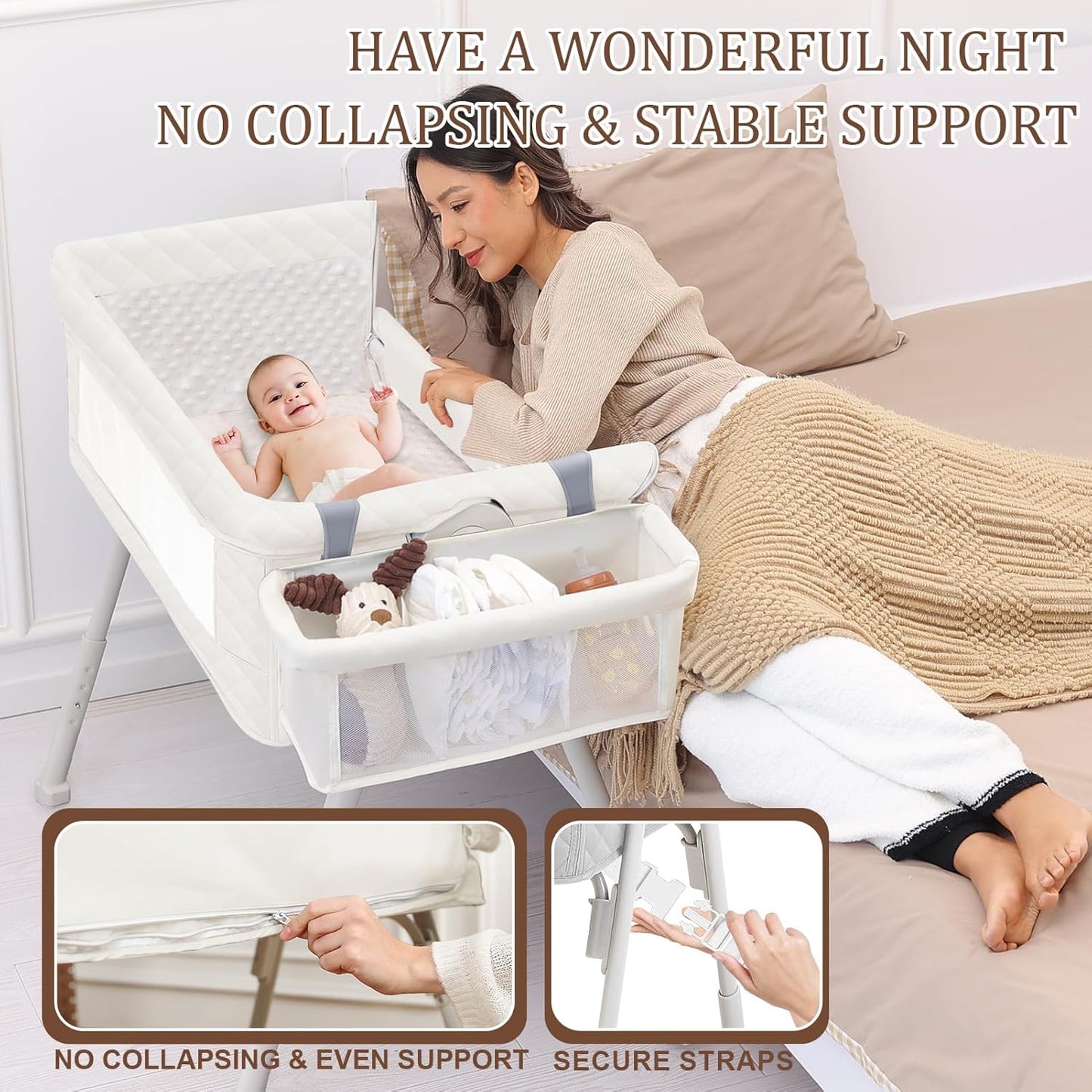 Baby Bassinet Bedside Crib for Newborn, 4-in-1 Baby Bassinet Bedside Sleeper with Mesh & Mattress, Easy Move Crib for Newborns with Lockable Wheels & Storage Basket, 4-Adjustable Height(Grey) | Bassinet with Wheels, Storage Basket, 4 Height Adjustable