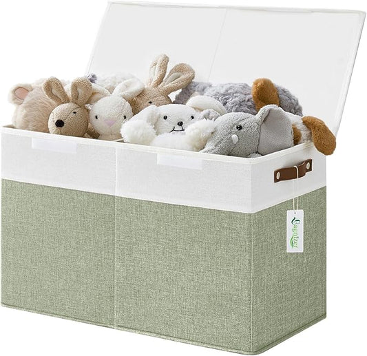 Bagnizer Large Toy Storage Box with Lids, Collapsible Sturdy Baby Storage Organizer Chest Bin Basket for Kids, Boys, Girls, Playroom, Nursery, Bedroom, Closet 25"x13"x16" (Green and White)