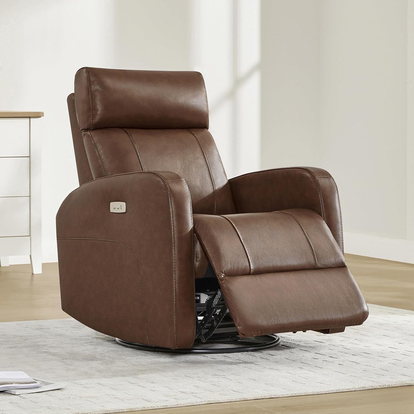 CHITA Genuine Leather Power Recliner Chair for Adults, FSC Certified Electric Nursery Swivel Glider for Living Room, Camel Brown