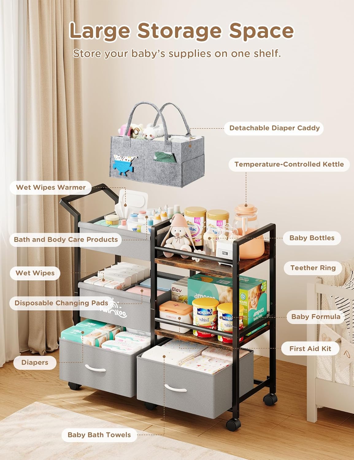 Twinkoo 2-in-1 Baby Diaper Caddy Organizer, 3 Tier Rolling Storage Cart with Dividers and Drawers, Baby Essentials for Nursery Storage, Mobile Utility Cart with Wheels Large Capacity Easy to Assemble