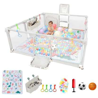 Playpen for Babies and Toddlers,73"x71"Baby Playpen with Mat Indoor＆Outdoor with Breathable Play Pen with Ocean Balls Hanging Pocket Basketball Hoop and Football Goal (Grey with Mat, 73"x71")