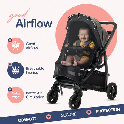 Stroller Sun Shade Extender – Universal Clip-On Baby Stroller Sun Shade Cover, UV Protection, Breathable See-Through Mesh, Adjustable Fit, Large Black