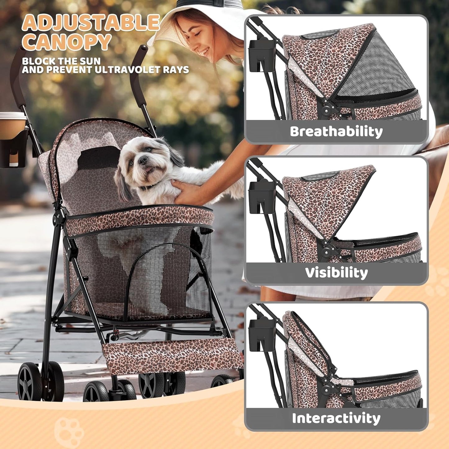 Magshion Compact Pet Stroller for Small-Medium Dogs/Cats up to 22lbs, 4-Wheel Lightweight Umbrella Shaped Portable Puppy Travel Jogger with Breathable Mesh, Cup Holder & Rear Storage, Black