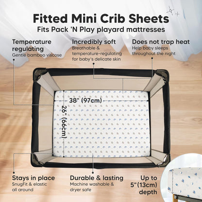 2-Pack Waterproof Pack and Play Sheets, Mini Crib Sheets Fitted for Boy, Girl - 38 x 26 Viscose from Bamboo Pack N Play Mattress Sheets for Graco, Toddler Playard Baby Crib Sheets Neutral (Blue Flax) - Colors B