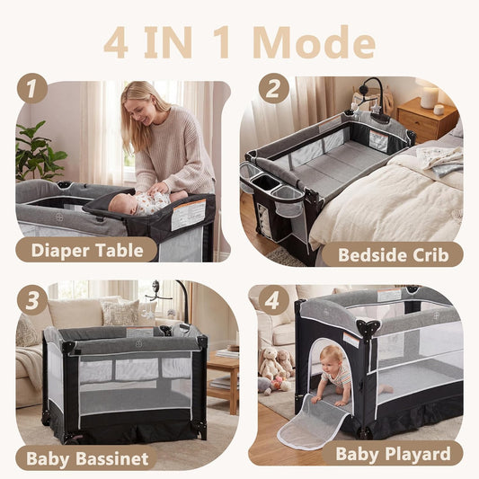 Kinder King 4 in 1 Portable Baby Playard, Foldable Baby Bedside Crib w/Bassinet, Infant Pack and Play Playard Toddler Large Playpen, Newborn Changing Table, Storage Basket, Grey