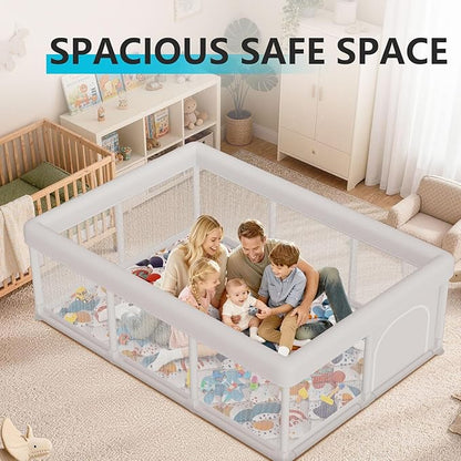 Baby Playpen 74"x50" Play Pens for Babies and Toddlers, Large Play Yards for Indoor & Outdoor with Zipper Gates, Breathable Mesh with Mat